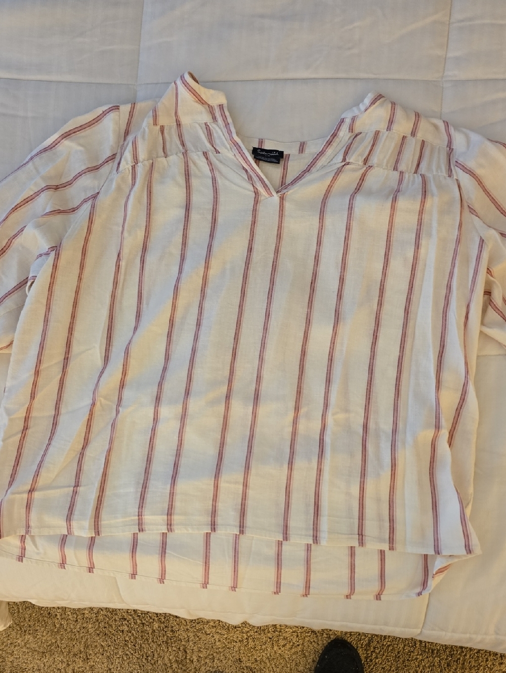 Lightweight Striped V-Neck Top in Cream, Pink, & Red